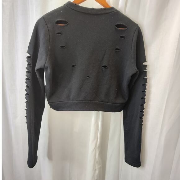 alo Black Cropped Crewneck Sweathsirt with distressing, xs - Picture 8 of 11